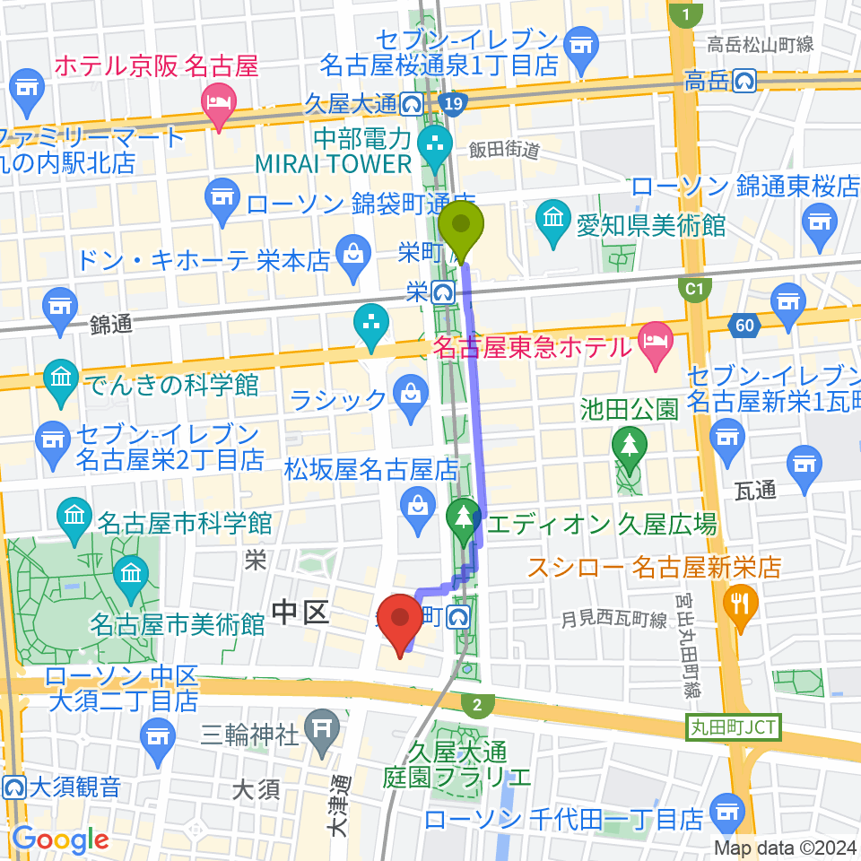 栄町駅からロッキン名古屋栄店へのルートマップ地図