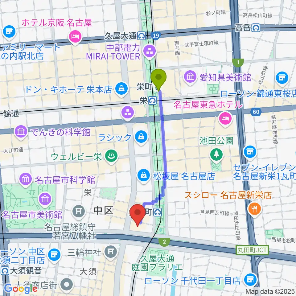 栄町駅からロッキン名古屋栄店へのルートマップ地図