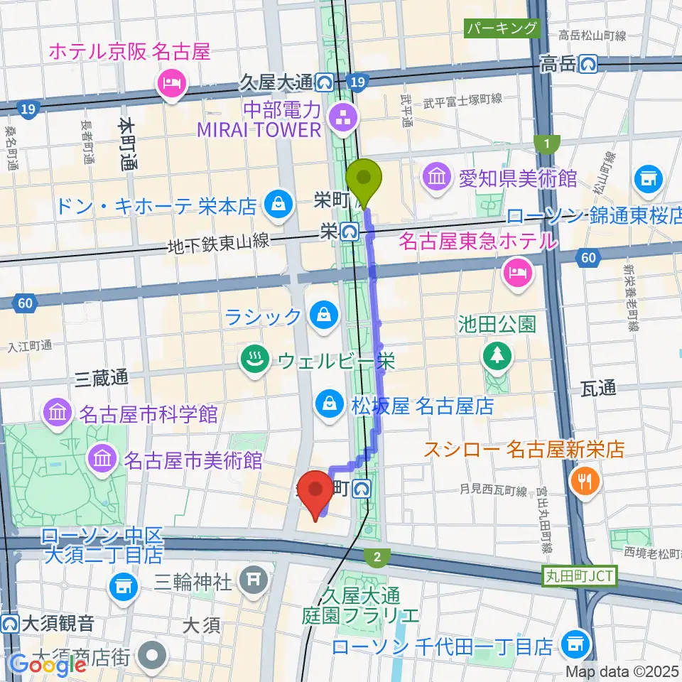 栄町駅からロッキン名古屋栄店へのルートマップ地図