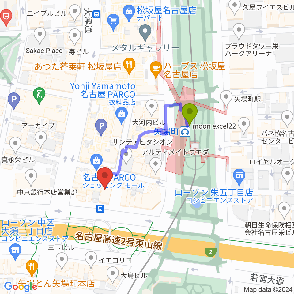 ロッキン名古屋栄店の最寄駅矢場町駅からの徒歩ルート（約3分）地図