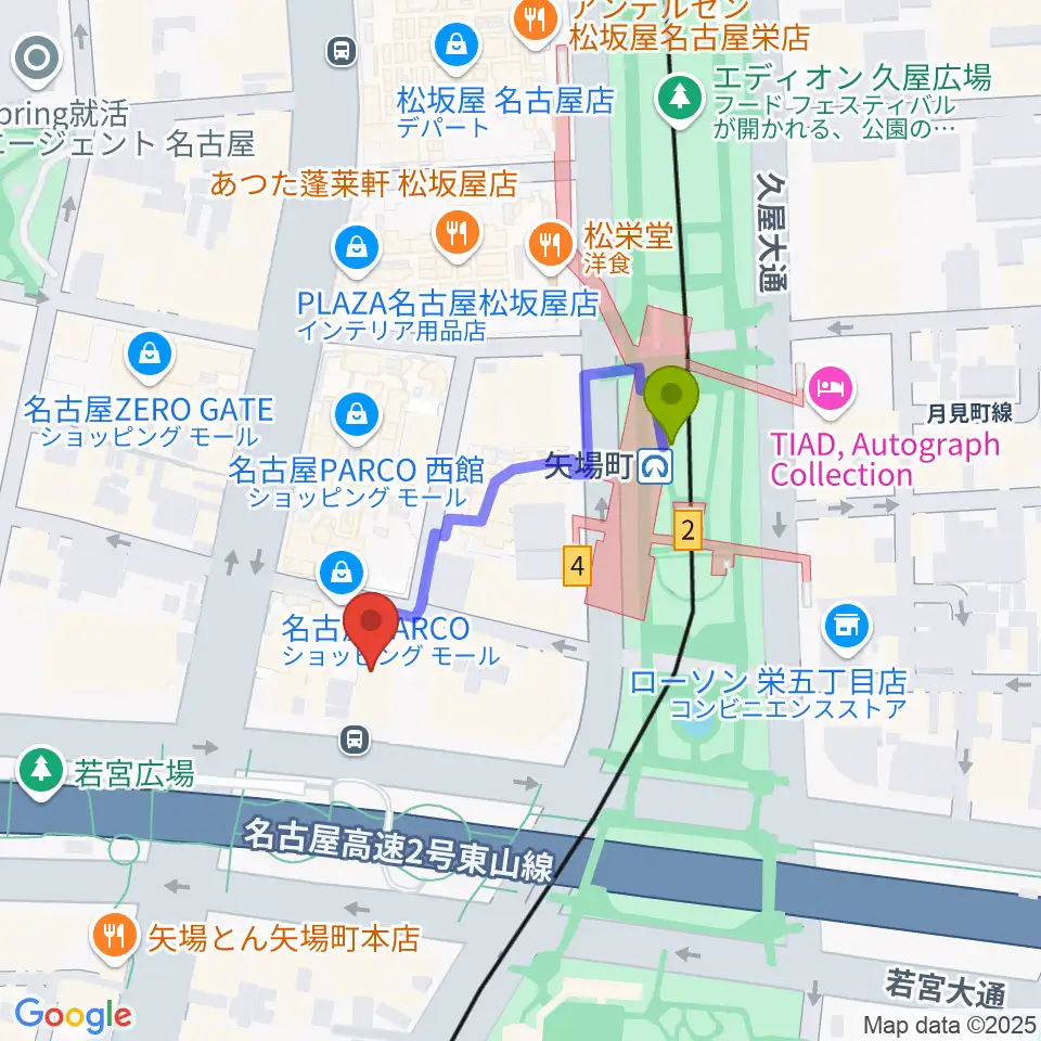 ロッキン名古屋栄店の最寄駅矢場町駅からの徒歩ルート（約3分）地図