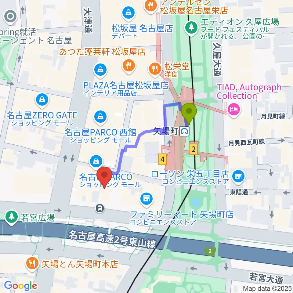 ロッキン名古屋栄店の最寄駅矢場町駅からの徒歩ルート（約3分）地図