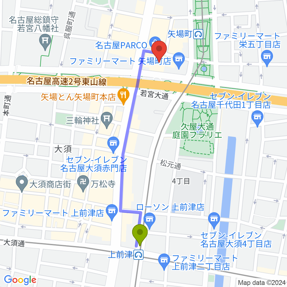 上前津駅からロッキン名古屋栄店へのルートマップ地図