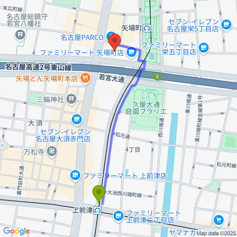 上前津駅からロッキン名古屋栄店へのルートマップ地図