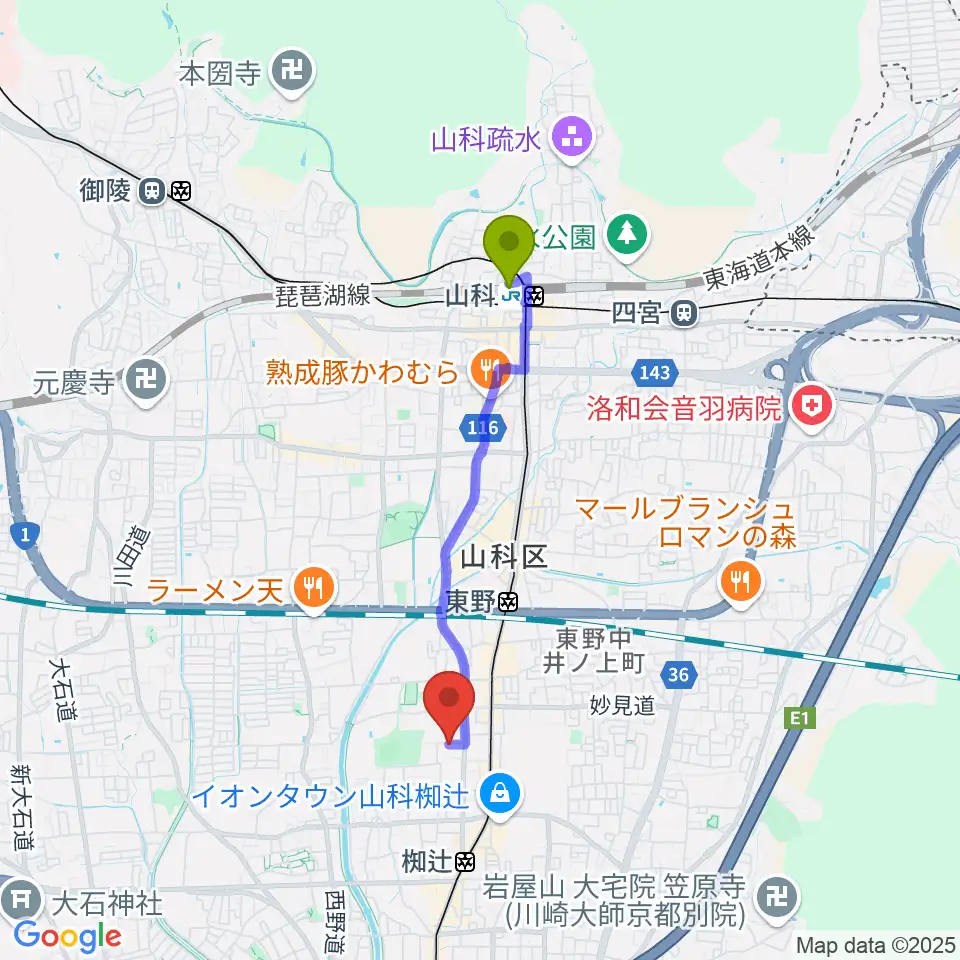 山科駅から京都市東部文化会館へのルートマップ地図