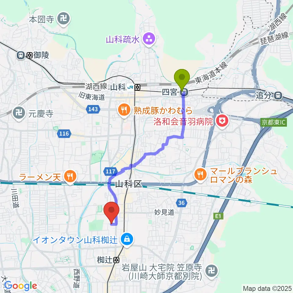 四宮駅から京都市東部文化会館へのルートマップ地図