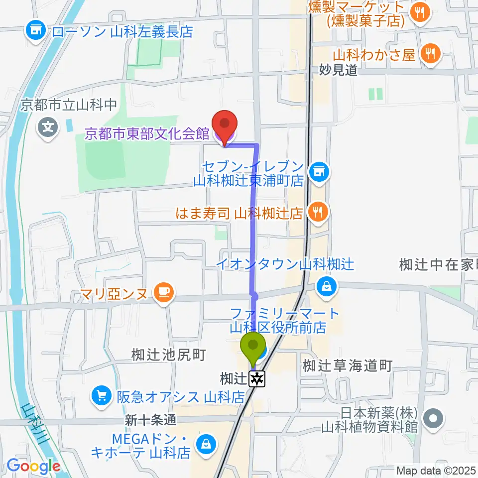 京都市東部文化会館の最寄駅椥辻駅からの徒歩ルート（約7分）地図