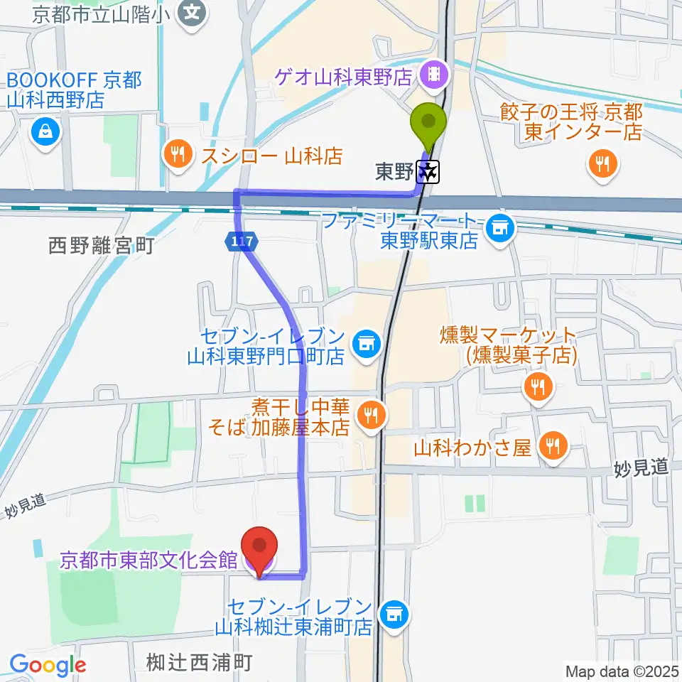 東野駅から京都市東部文化会館へのルートマップ地図