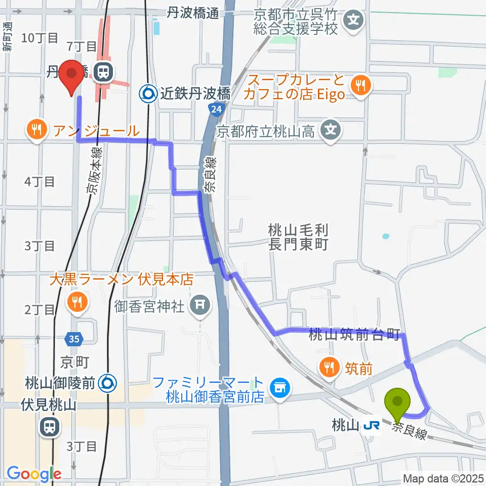 桃山駅から京都市呉竹文化センターへのルートマップ地図