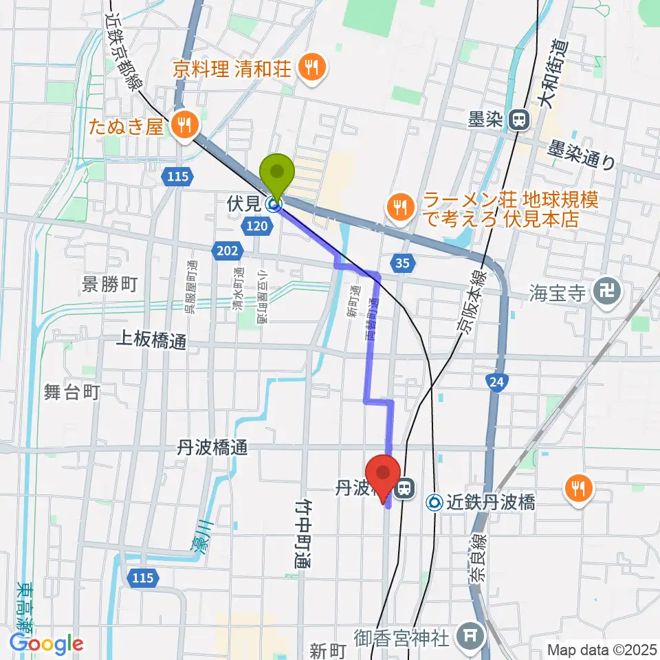 伏見駅から京都市呉竹文化センターへのルートマップ地図