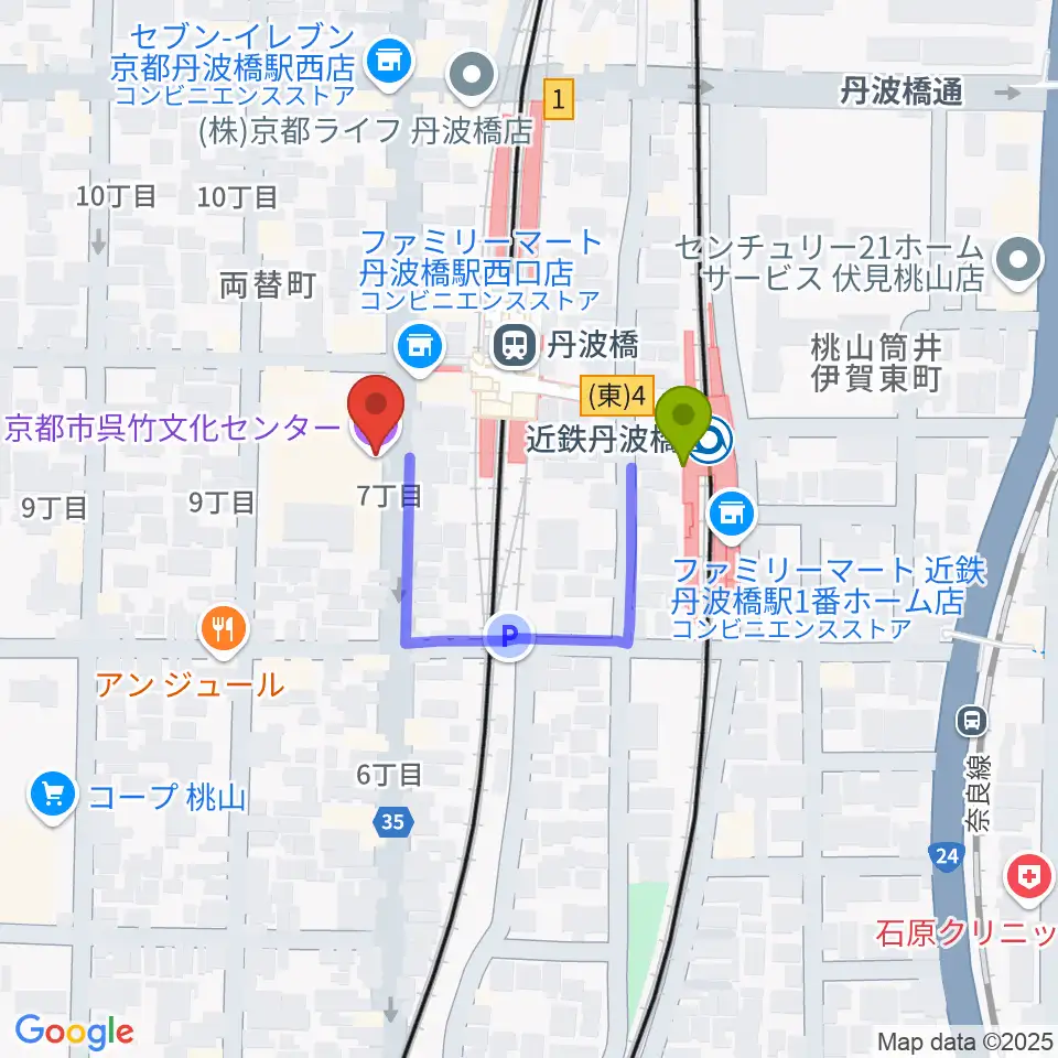 京都市呉竹文化センターの最寄駅近鉄丹波橋駅からの徒歩ルート（約2分）地図