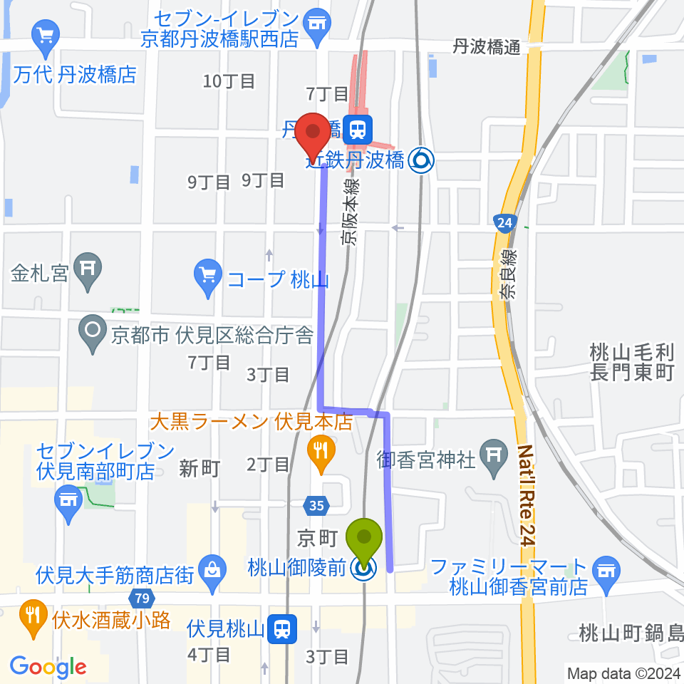 桃山御陵前駅から京都市呉竹文化センターへのルートマップ Mdata 