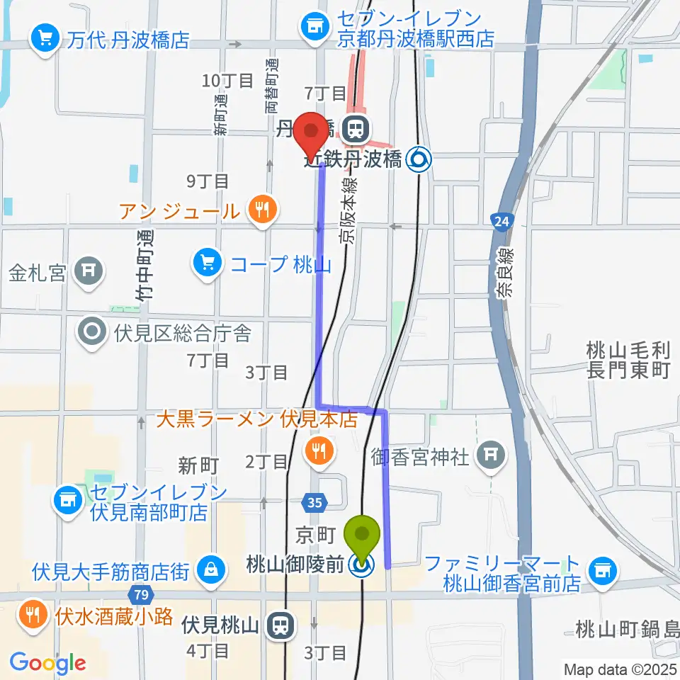 桃山御陵前駅から京都市呉竹文化センターへのルートマップ地図