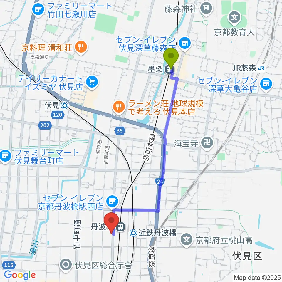 墨染駅から京都市呉竹文化センターへのルートマップ地図