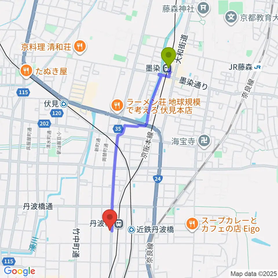 墨染駅から京都市呉竹文化センターへのルートマップ地図