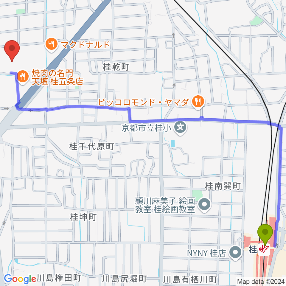 桂駅から京都市西文化会館ウエスティへのルートマップ地図