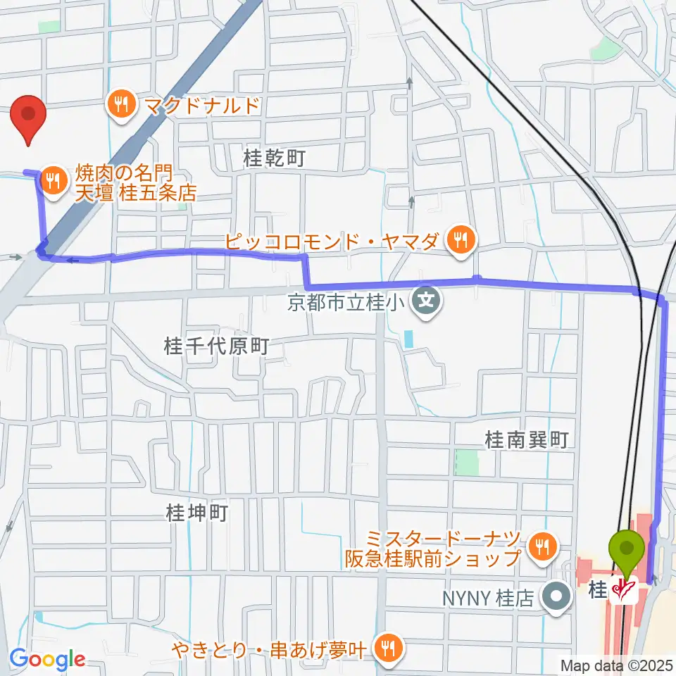 桂駅から京都市西文化会館ウエスティへのルートマップ地図