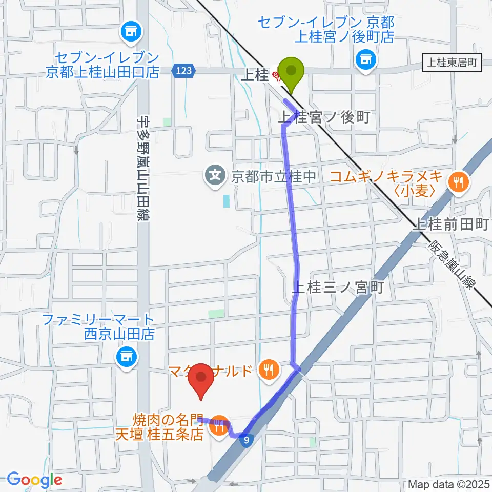 京都市西文化会館ウエスティの最寄駅上桂駅からの徒歩ルート（約10分）地図