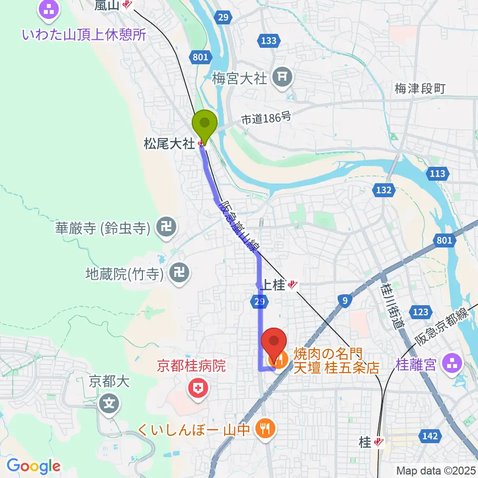 松尾大社駅から京都市西文化会館ウエスティへのルートマップ地図