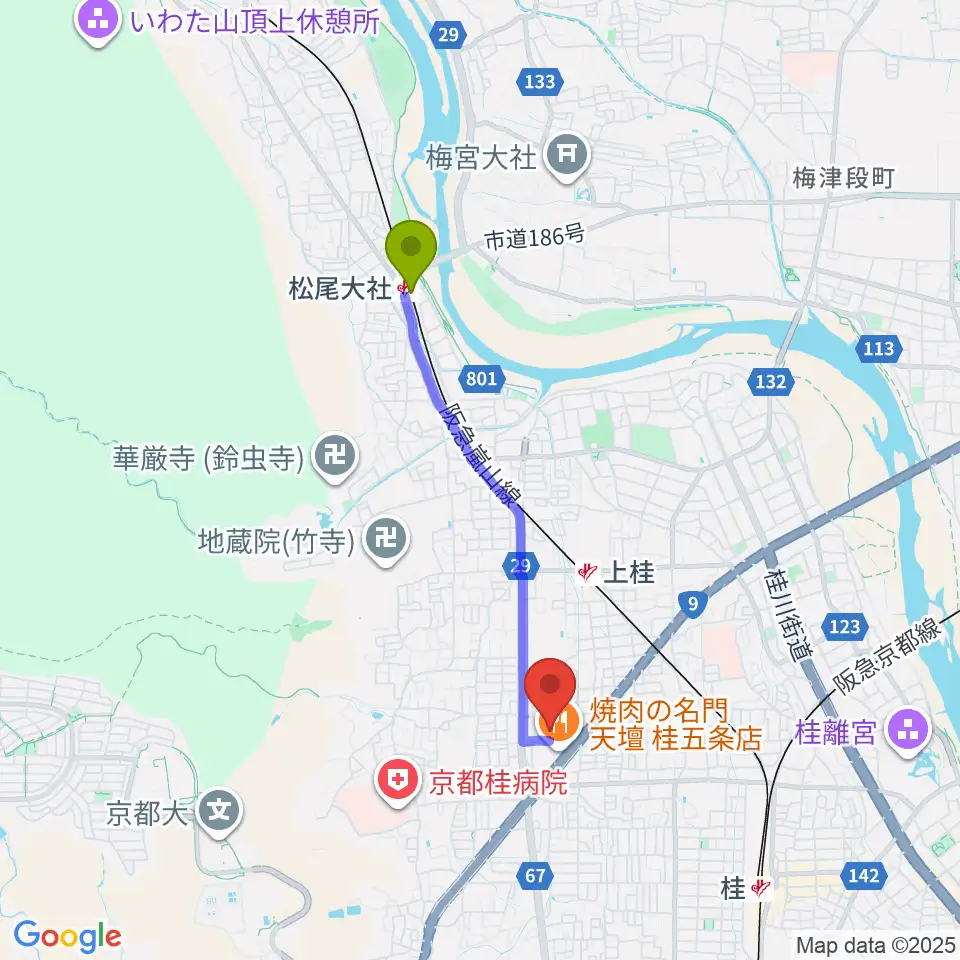 松尾大社駅から京都市西文化会館ウエスティへのルートマップ地図