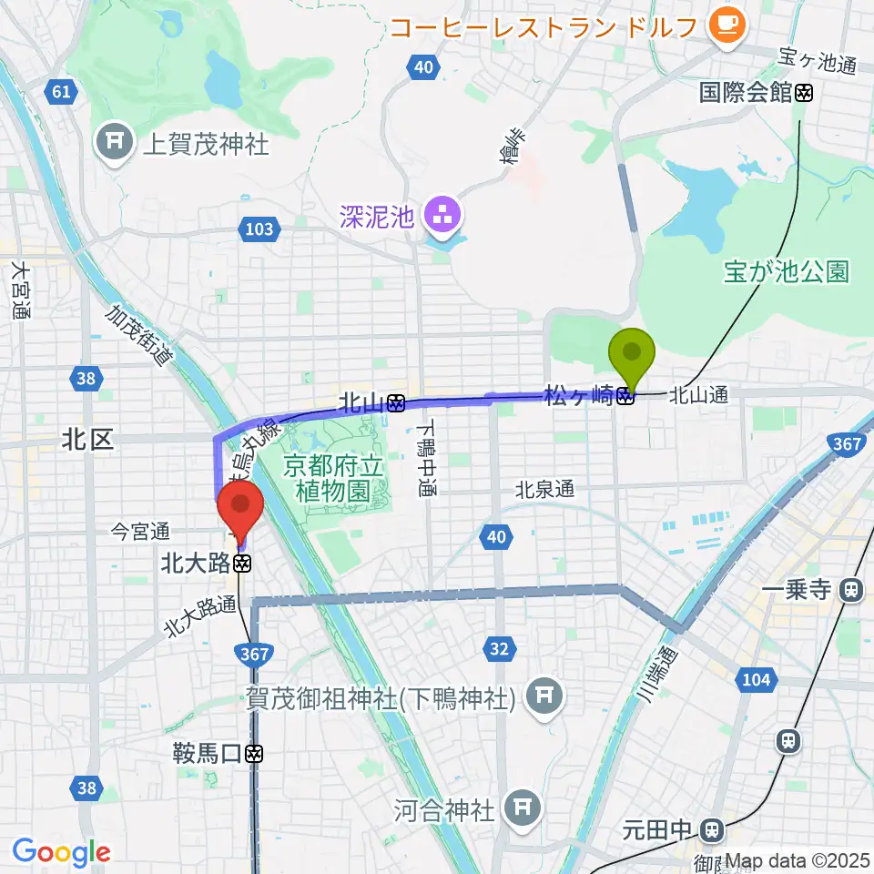 松ヶ崎駅から京都市北文化会館へのルートマップ地図