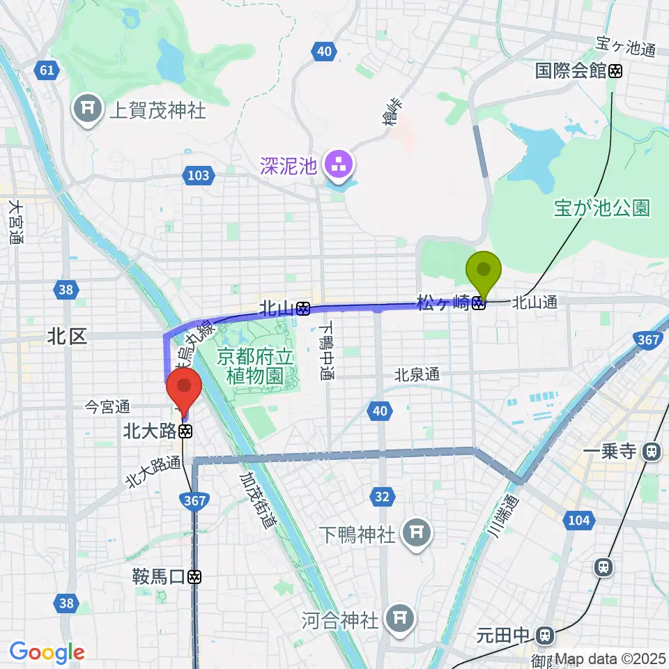 松ヶ崎駅から京都市北文化会館へのルートマップ地図