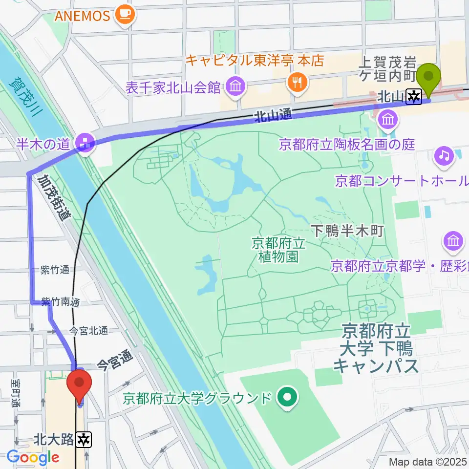 北山駅から京都市北文化会館へのルートマップ地図