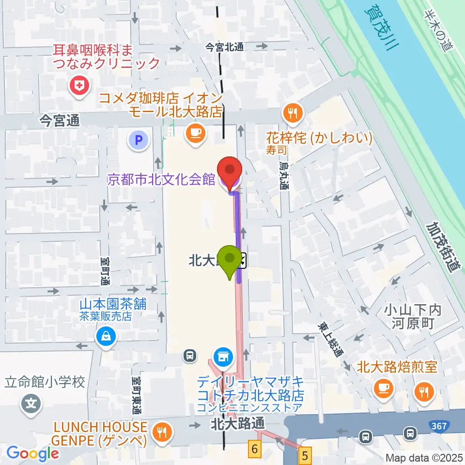 京都市北文化会館の最寄駅北大路駅からの徒歩ルート（約1分）地図