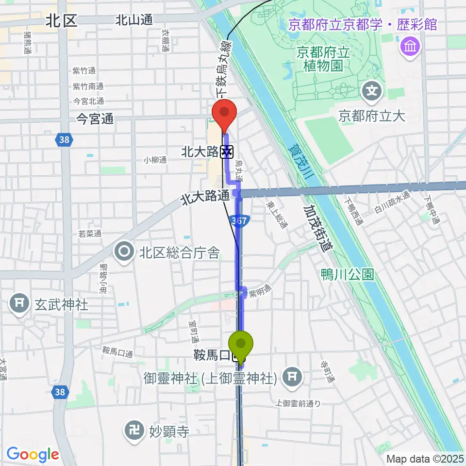鞍馬口駅から京都市北文化会館へのルートマップ地図