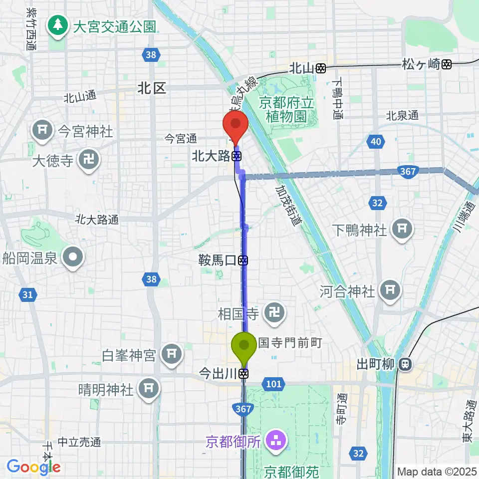今出川駅から京都市北文化会館へのルートマップ地図