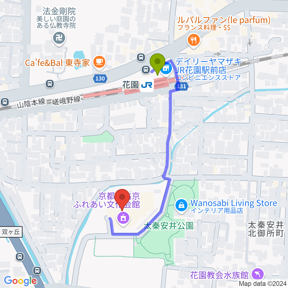 京都市右京ふれあい文化会館の最寄駅花園駅からの徒歩ルート（約4分）地図