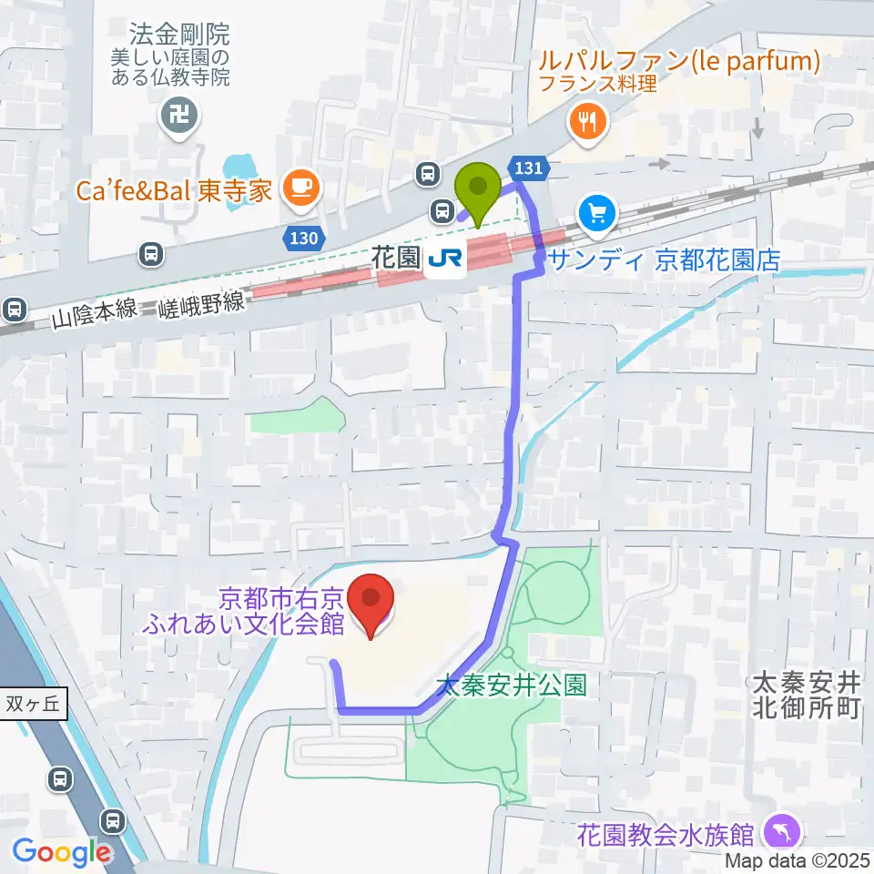 京都市右京ふれあい文化会館の最寄駅花園駅からの徒歩ルート（約4分）地図