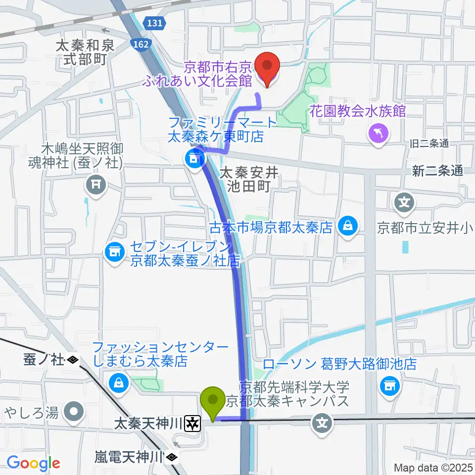 太秦天神川駅から京都市右京ふれあい文化会館へのルートマップ地図