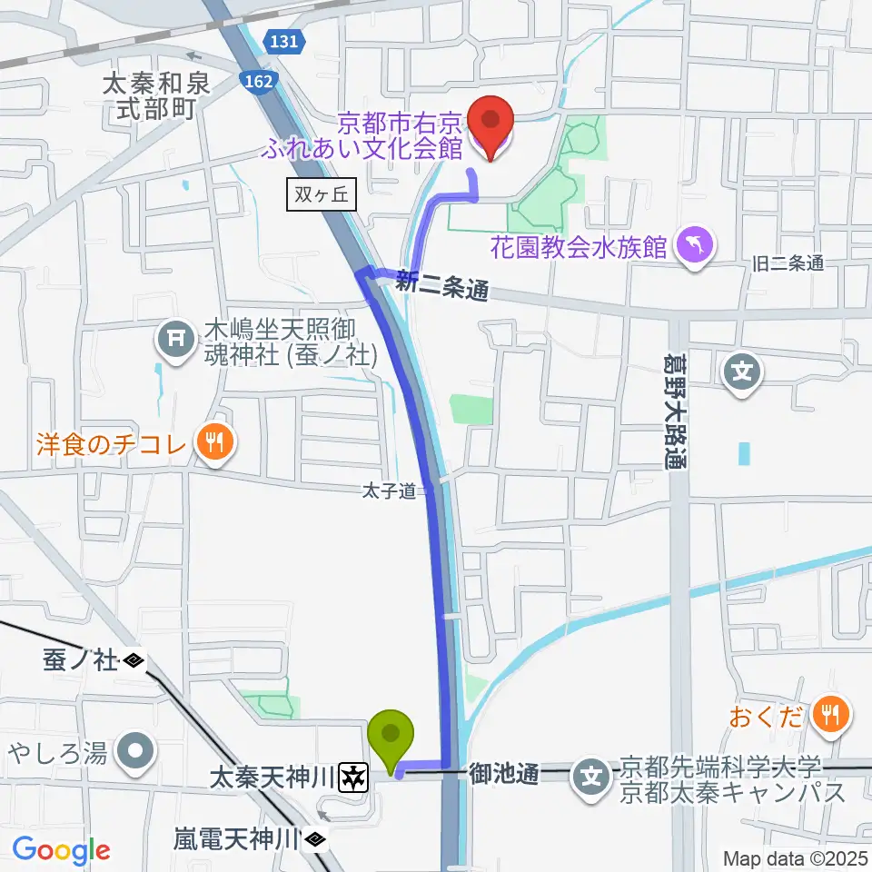 太秦天神川駅から京都市右京ふれあい文化会館へのルートマップ地図