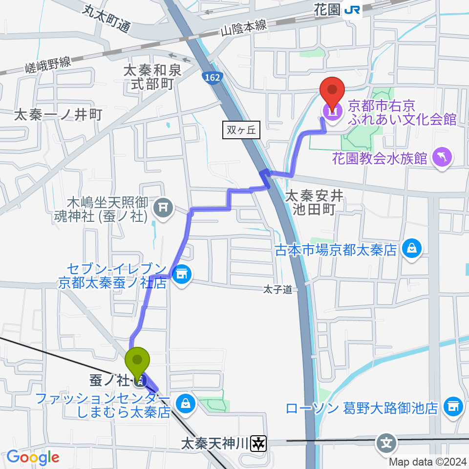 蚕ノ社駅から京都市右京ふれあい文化会館へのルートマップ地図