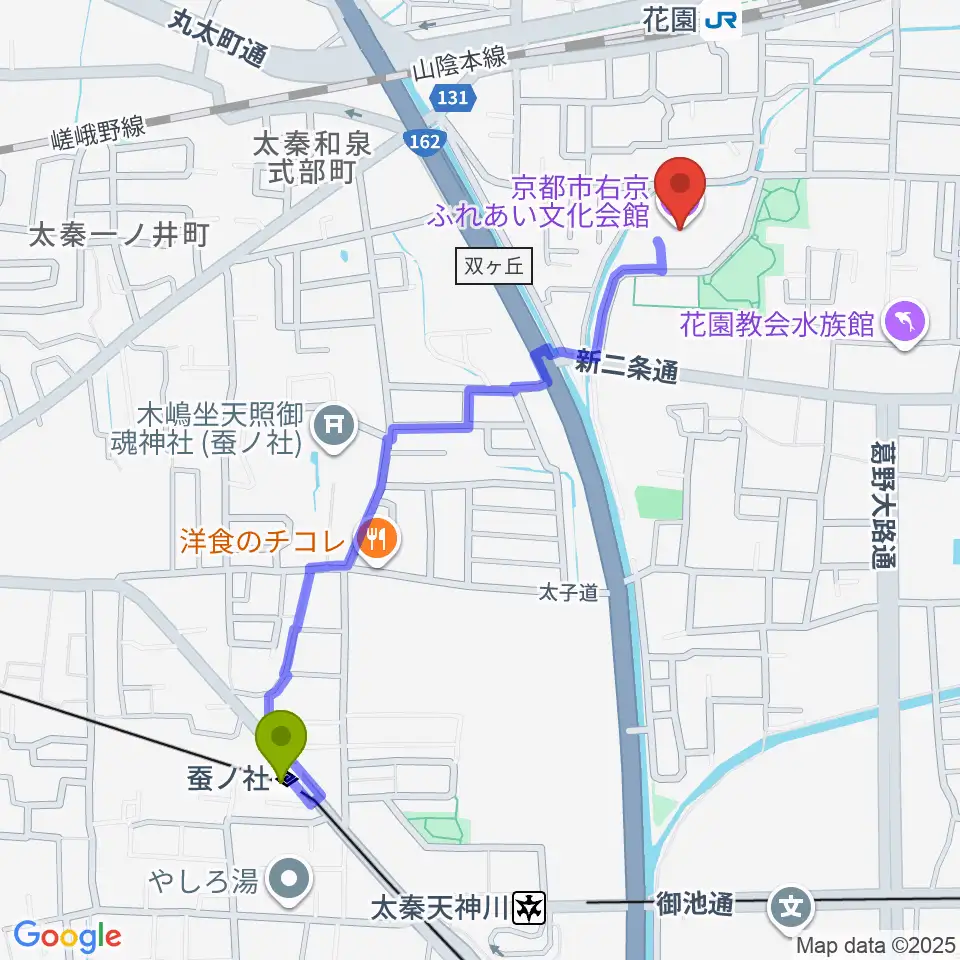 蚕ノ社駅から京都市右京ふれあい文化会館へのルートマップ地図