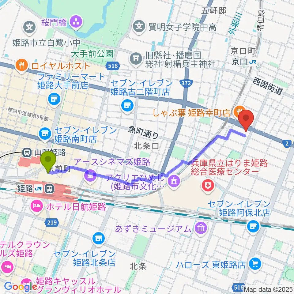 姫路駅からやぎ楽器 姫路店へのルートマップ地図