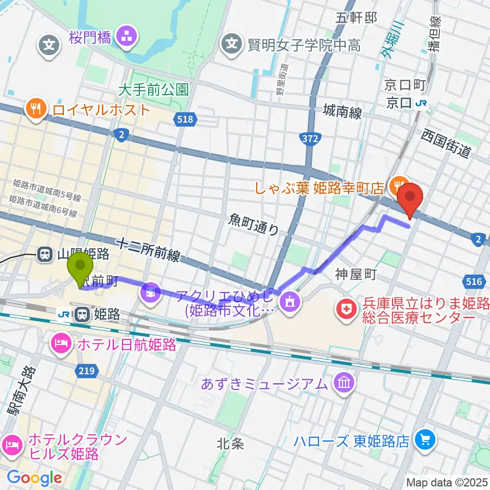 姫路駅からやぎ楽器 姫路店へのルートマップ地図