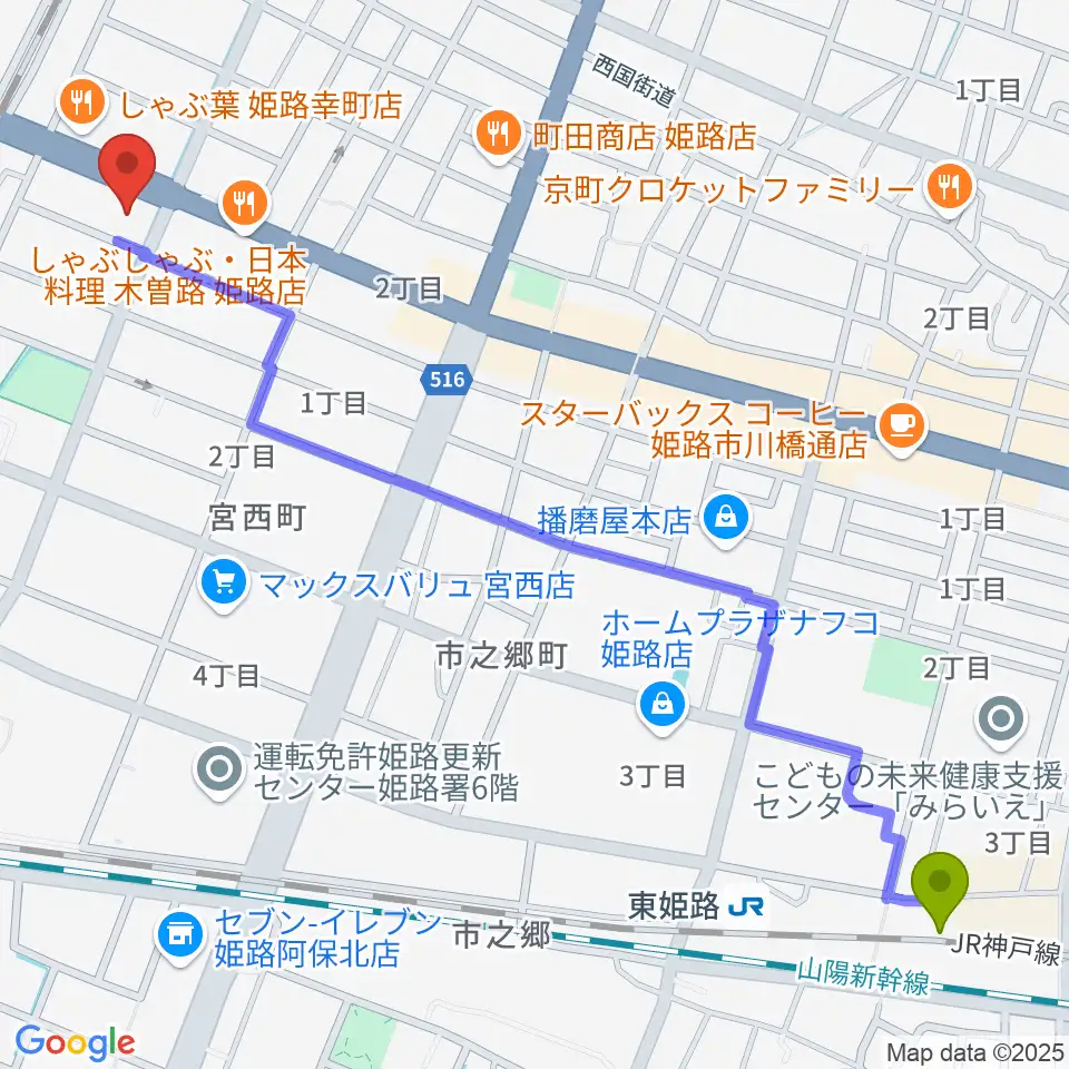 東姫路駅からやぎ楽器 姫路店へのルートマップ地図