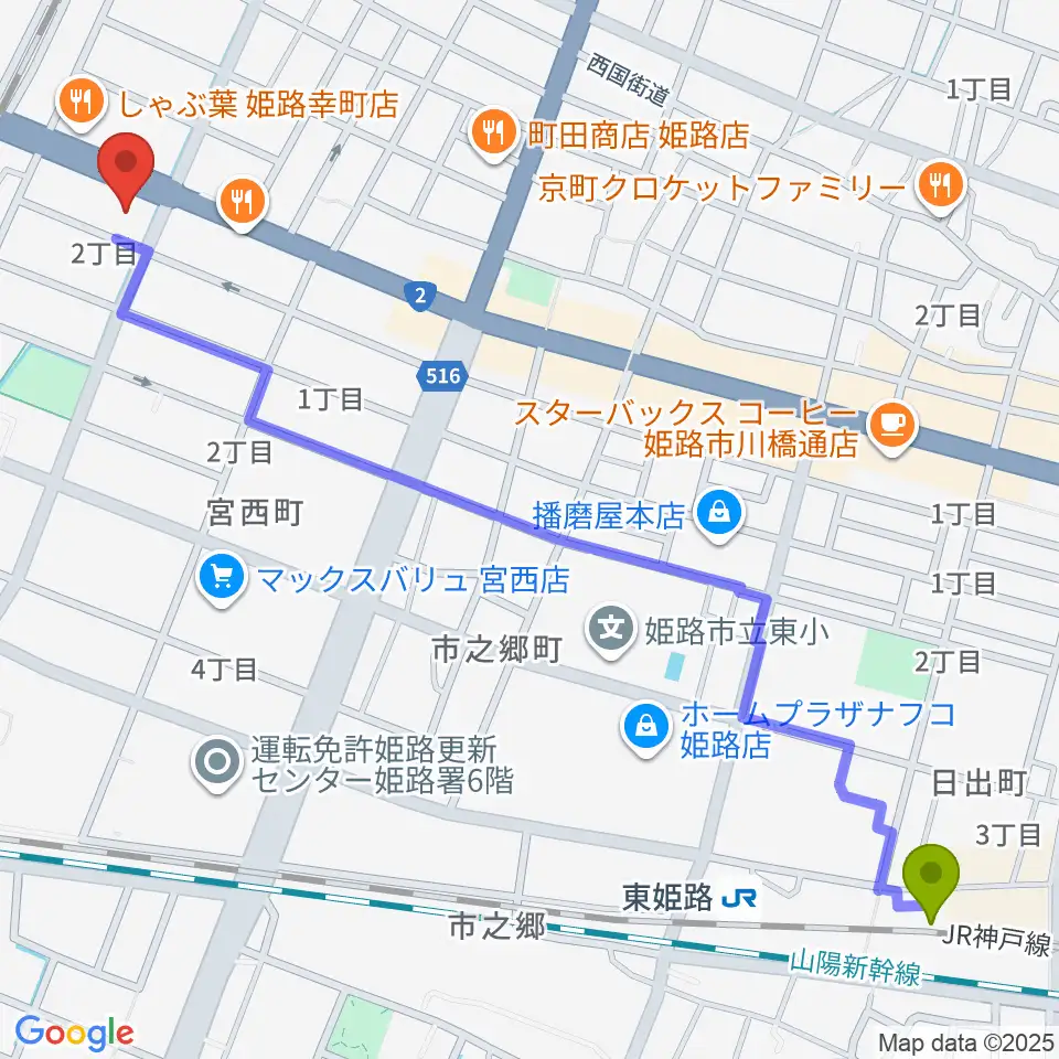 東姫路駅からやぎ楽器 姫路店へのルートマップ地図