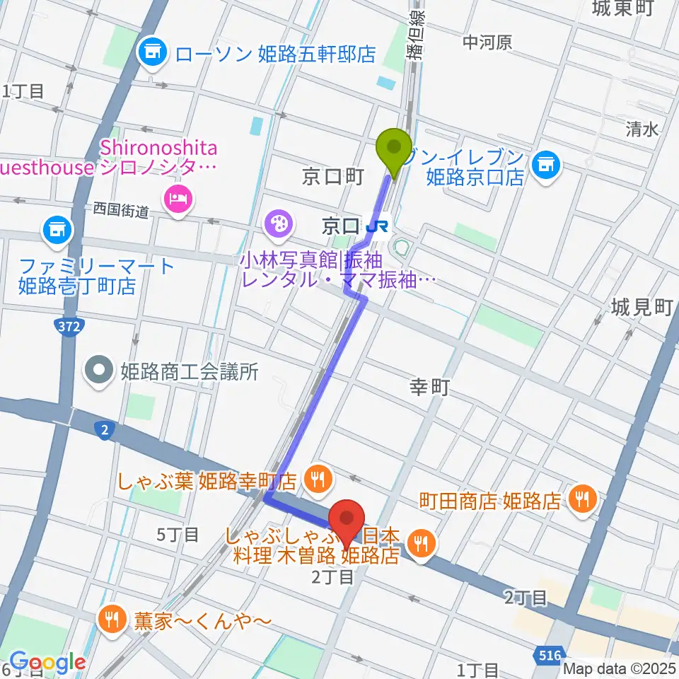 やぎ楽器 姫路店の最寄駅京口駅からの徒歩ルート（約9分）地図