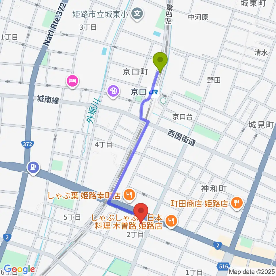 やぎ楽器 姫路店の最寄駅京口駅からの徒歩ルート（約9分）地図
