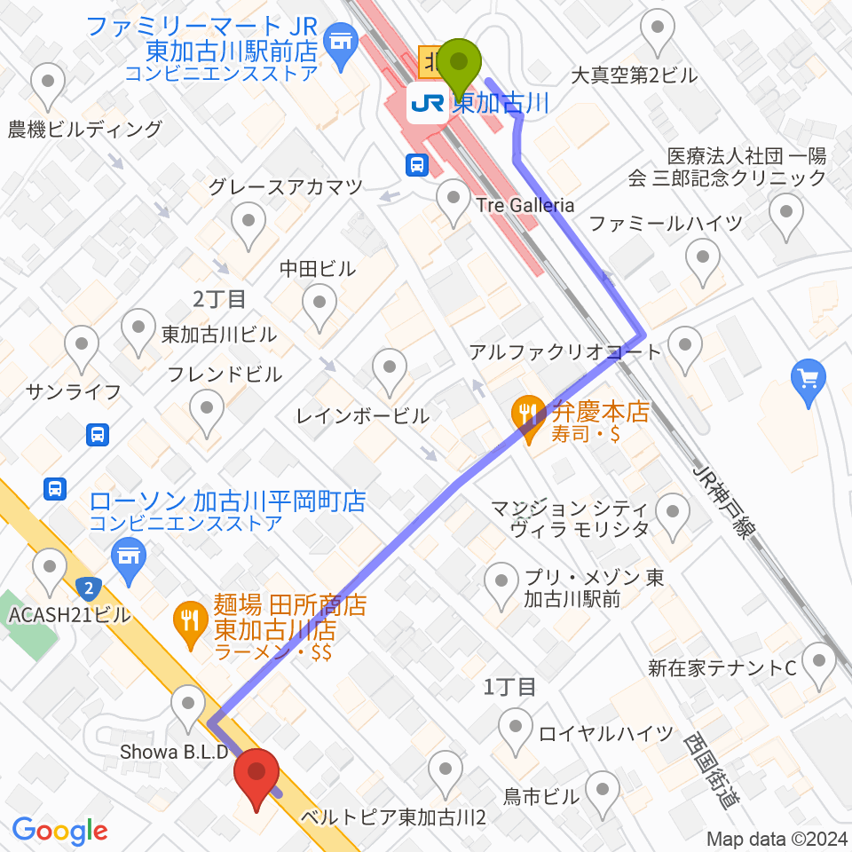 やぎ楽器 東加古川店の最寄駅東加古川駅からの徒歩ルート（約7分）地図