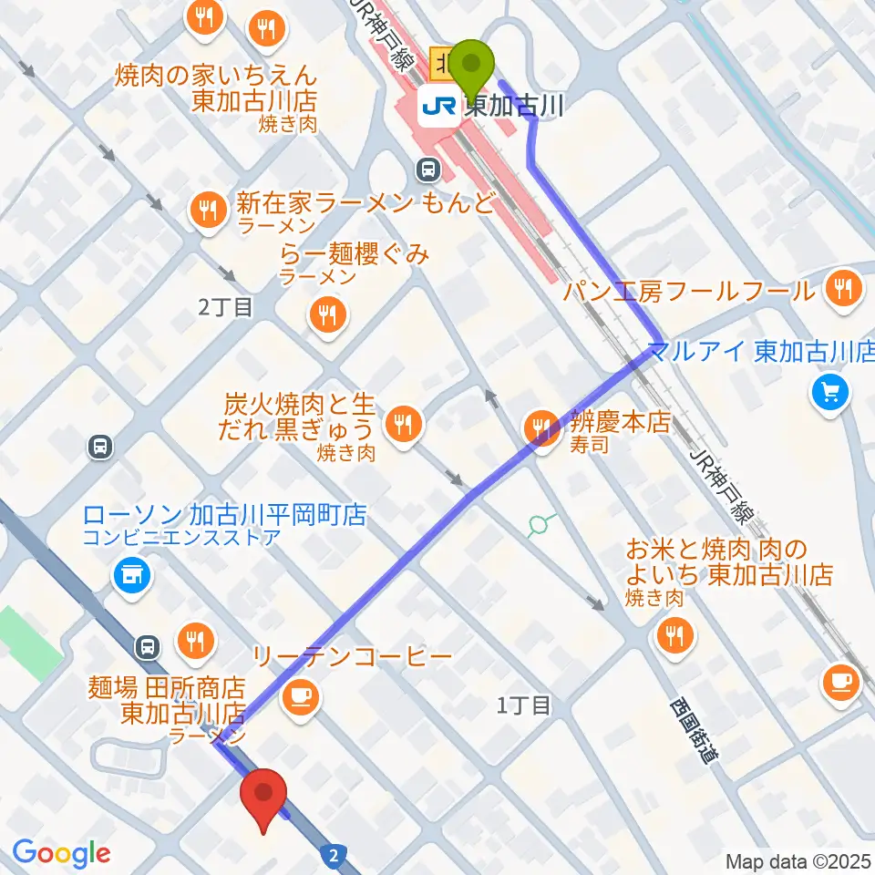 やぎ楽器 東加古川店の最寄駅東加古川駅からの徒歩ルート（約7分）地図