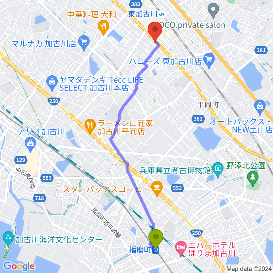 播磨町駅からやぎ楽器 東加古川店へのルートマップ地図