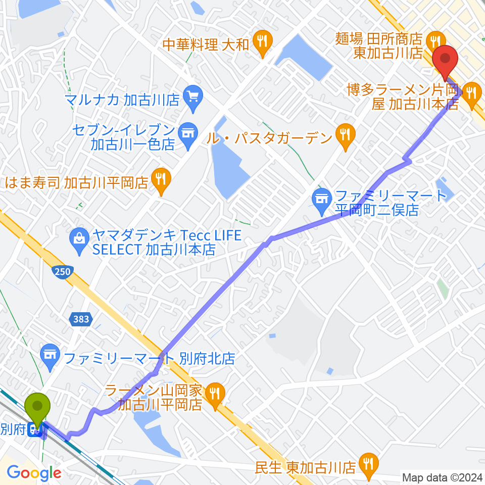 別府駅からやぎ楽器 東加古川店へのルートマップ地図