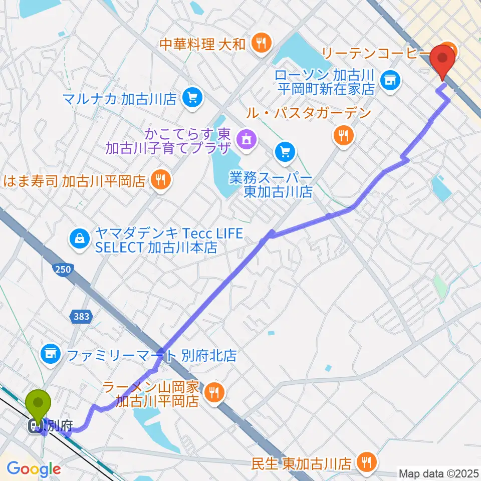 別府駅からやぎ楽器 東加古川店へのルートマップ地図