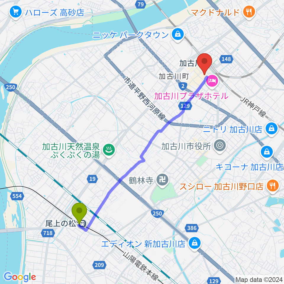 尾上の松駅からいぬい楽器へのルートマップ地図