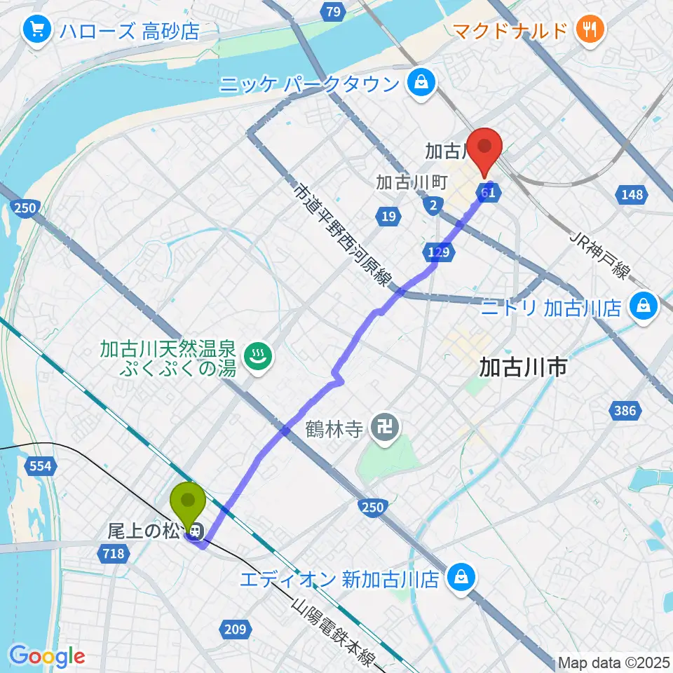 尾上の松駅からいぬい楽器へのルートマップ地図