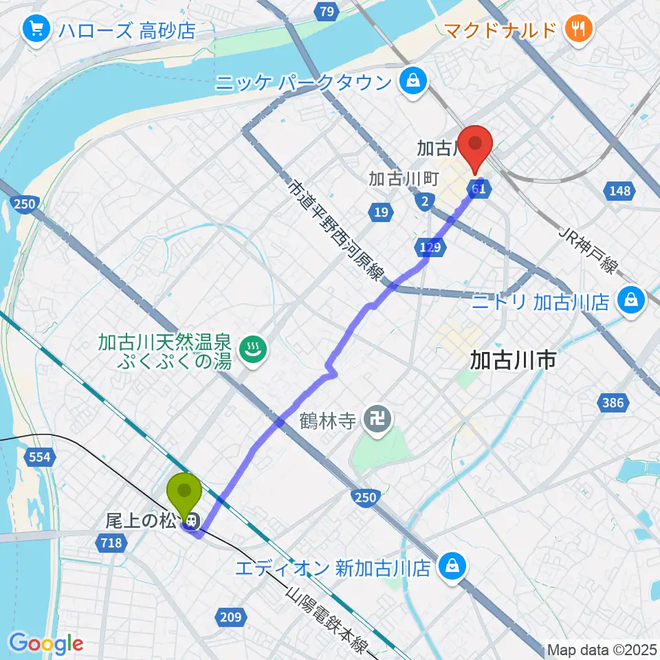 尾上の松駅からいぬい楽器へのルートマップ地図